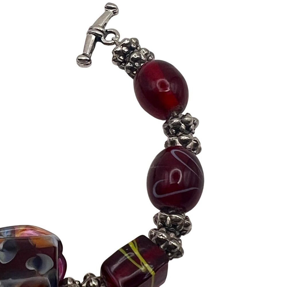 Handcrafted Glass Beads Bracelet Silver-Tone Accents Toggle Clasp Floral 6.25" - Picture 6 of 11